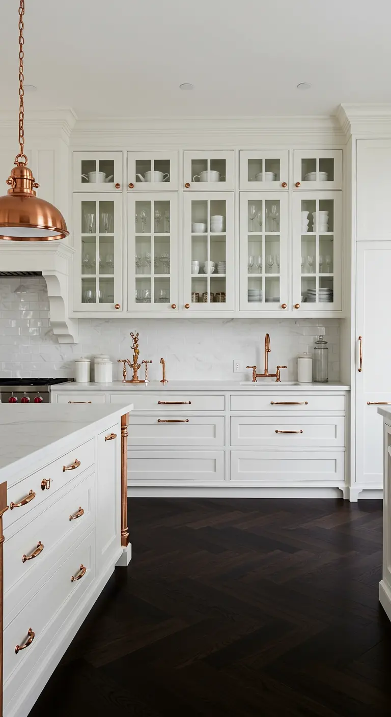 Cocina blanca con suelo de madera oscura, vitrinas y múltiples detalles de cobre