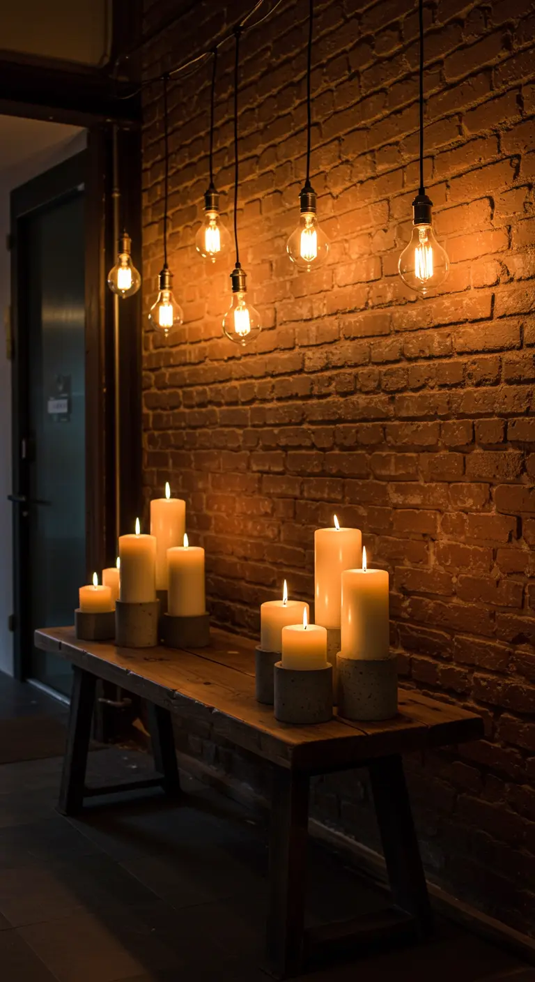 Pared de ladrillo con bombillas de filamento colgantes y un banco de madera con velas.