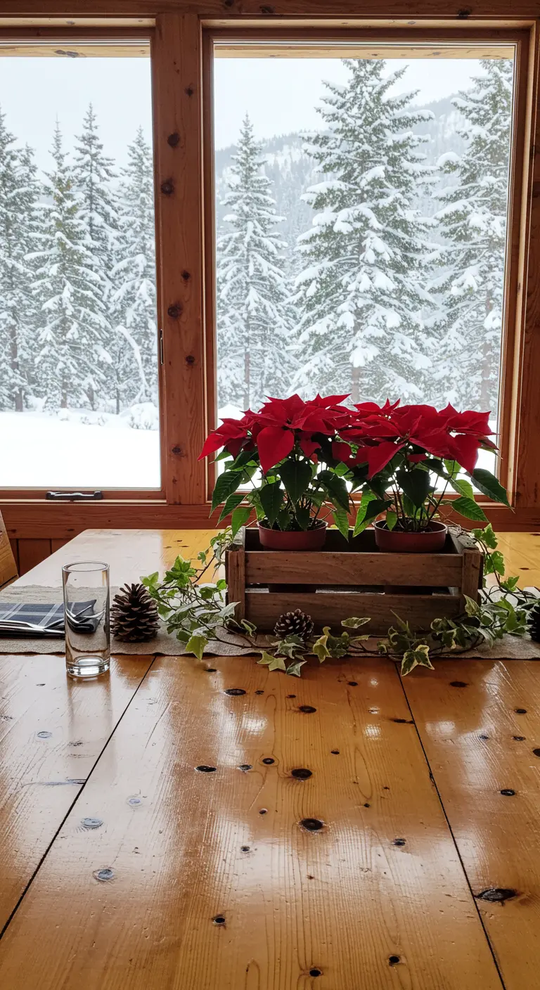 Caja de madera con flores de Pascua rojas sobre una mesa con vistas a un paisaje nevado.