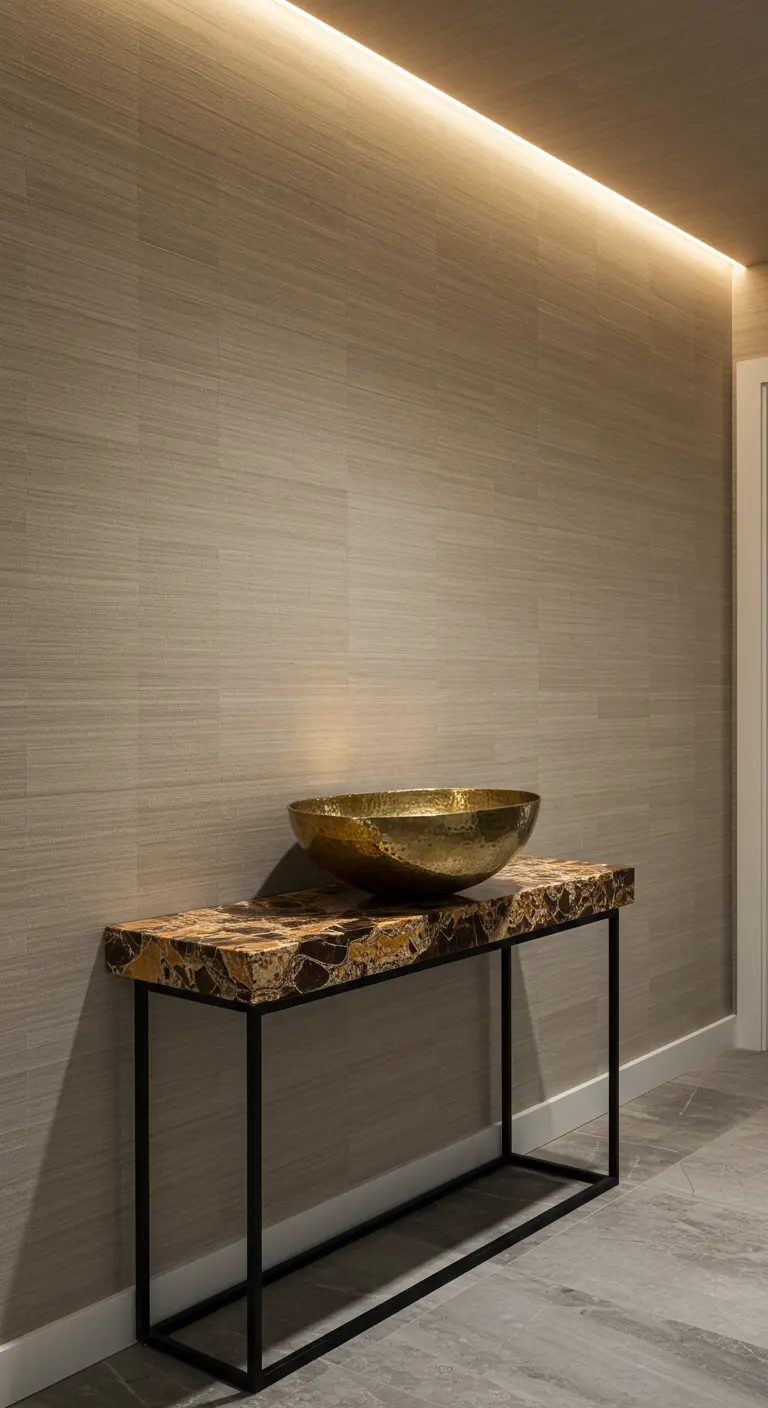 Consola con sobre de ágata veteada y patas negras, con un cuenco dorado encima.