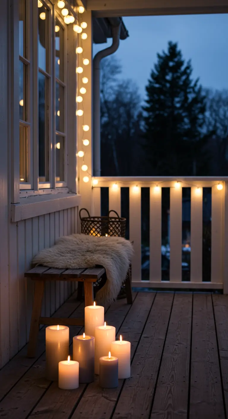 Porche de madera blanca con un banco cubierto de piel de oveja y un grupo de velas en el suelo.