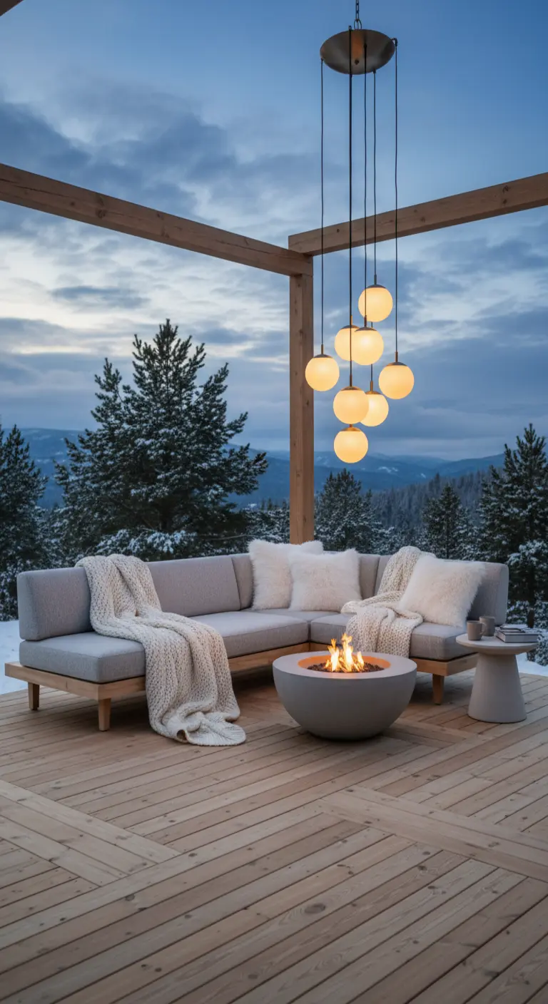 Terraza de invierno con sofá modular gris, mantas de punto, un brasero y lámparas esféricas