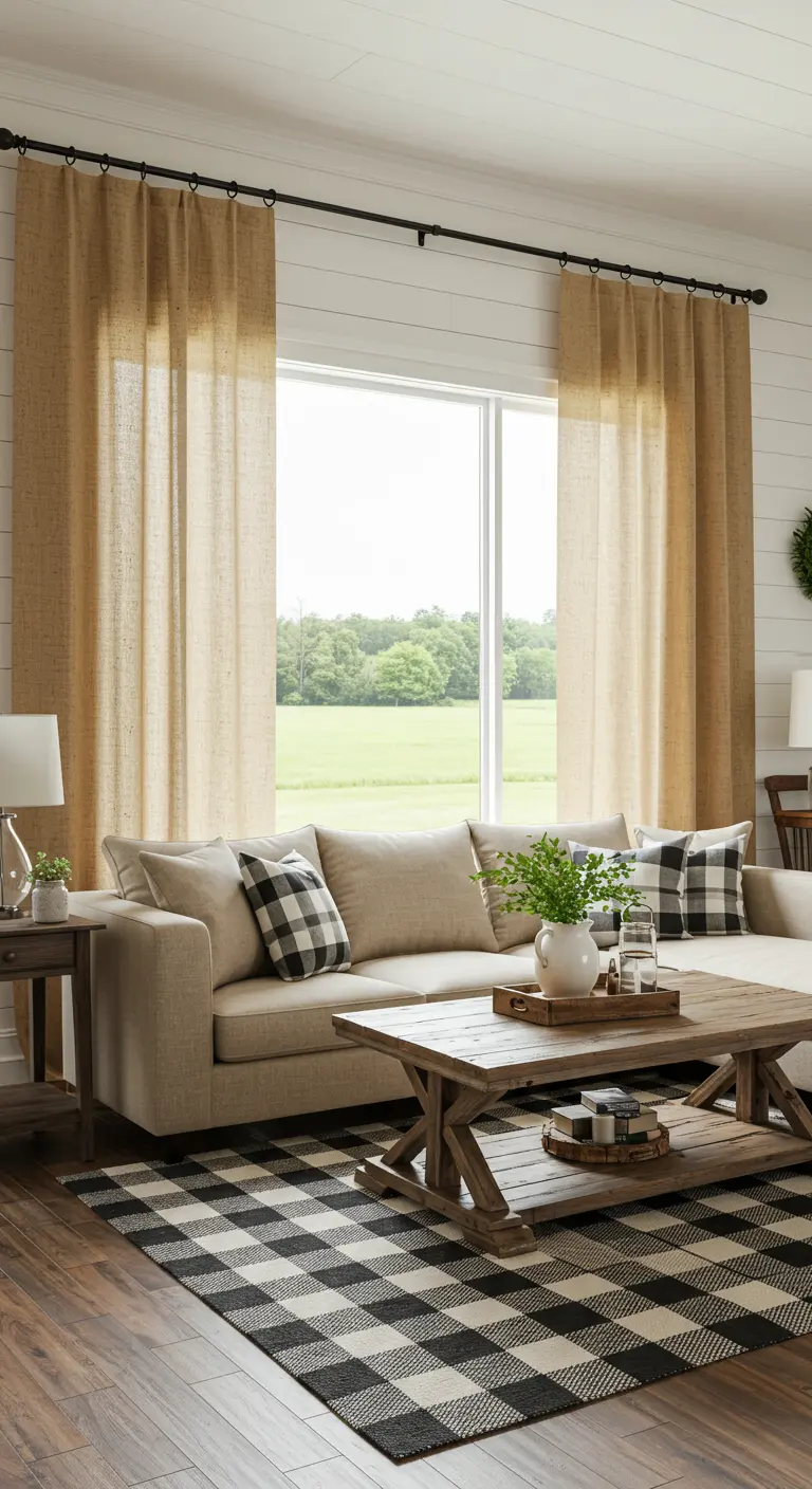 Cortinas de arpillera en una sala de estar de estilo farmhouse con sofá beige.