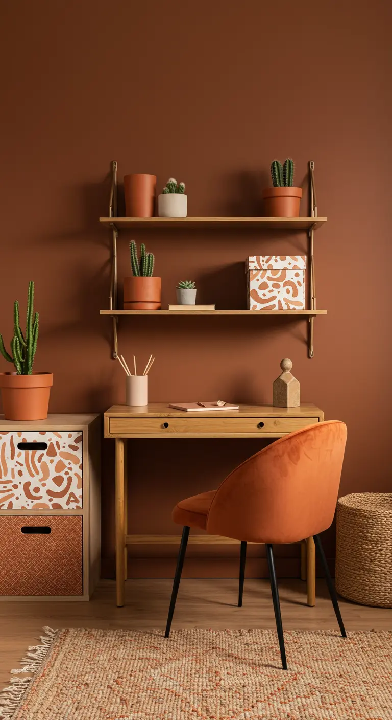 Rincón de oficina en tonos terracota con cactus, silla naranja y detalles de madera.