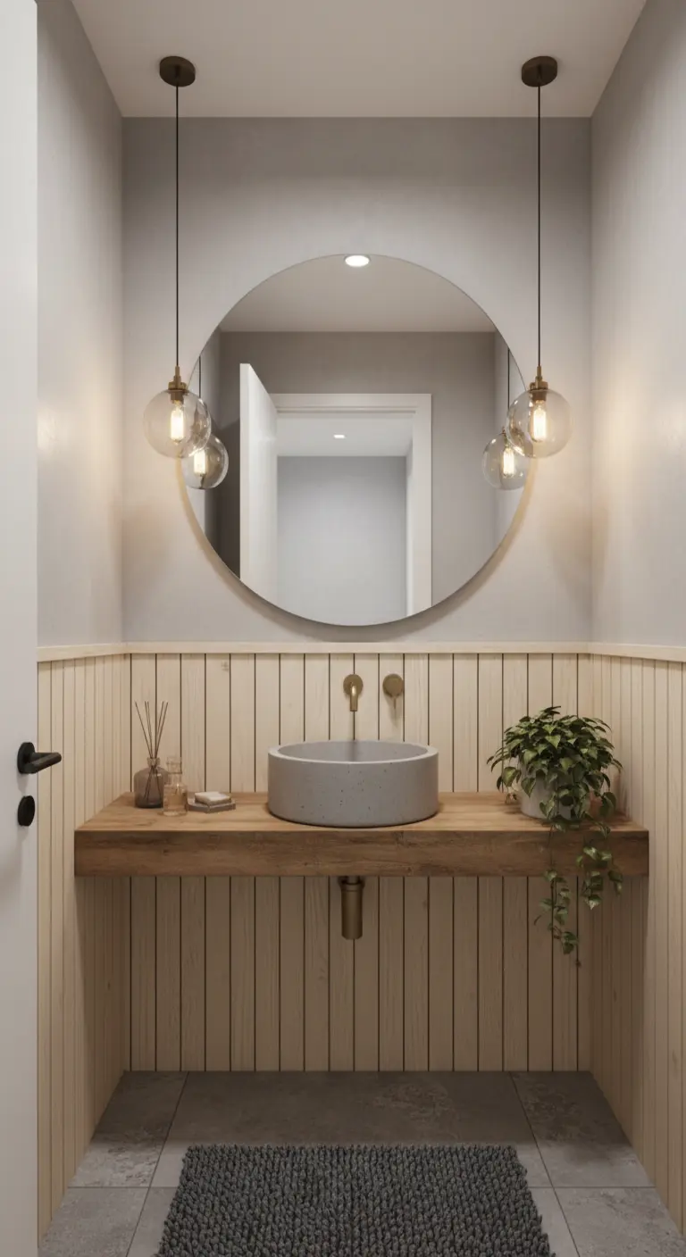 Baño con pared de listones de madera, lavabo redondo de cemento y lámparas colgantes.
