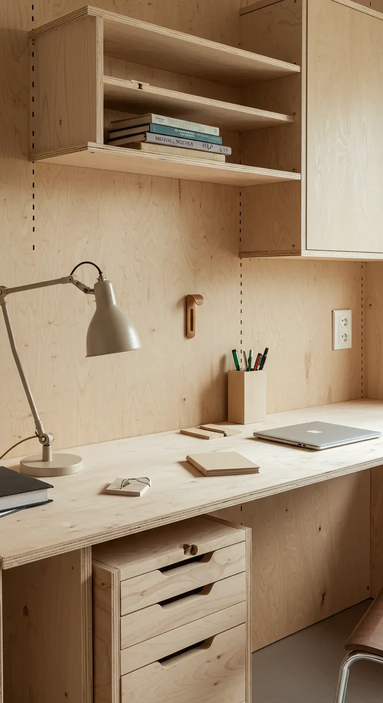 Oficina a medida construida con paneles de madera contrachapada de abedul, de estilo funcional.