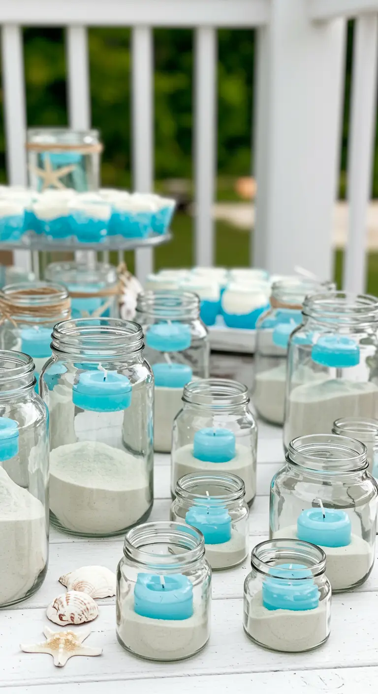 Frascos de vidrio con arena blanca y velas flotantes de color turquesa sobre una mesa blanca.