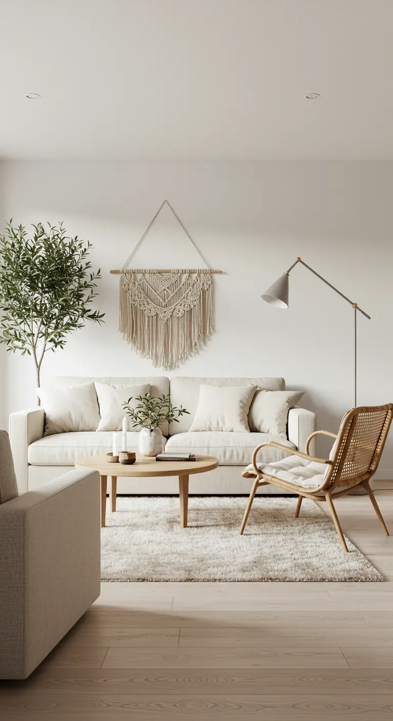 Sala de estar minimalista de estilo boho con tapiz de macramé, sofá blanco y silla de ratán.