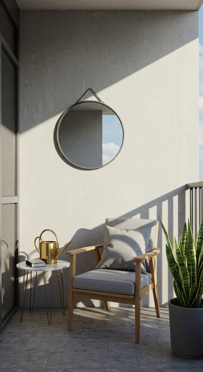 Rincón de balcón minimalista con un espejo ovalado, silla de madera y planta.