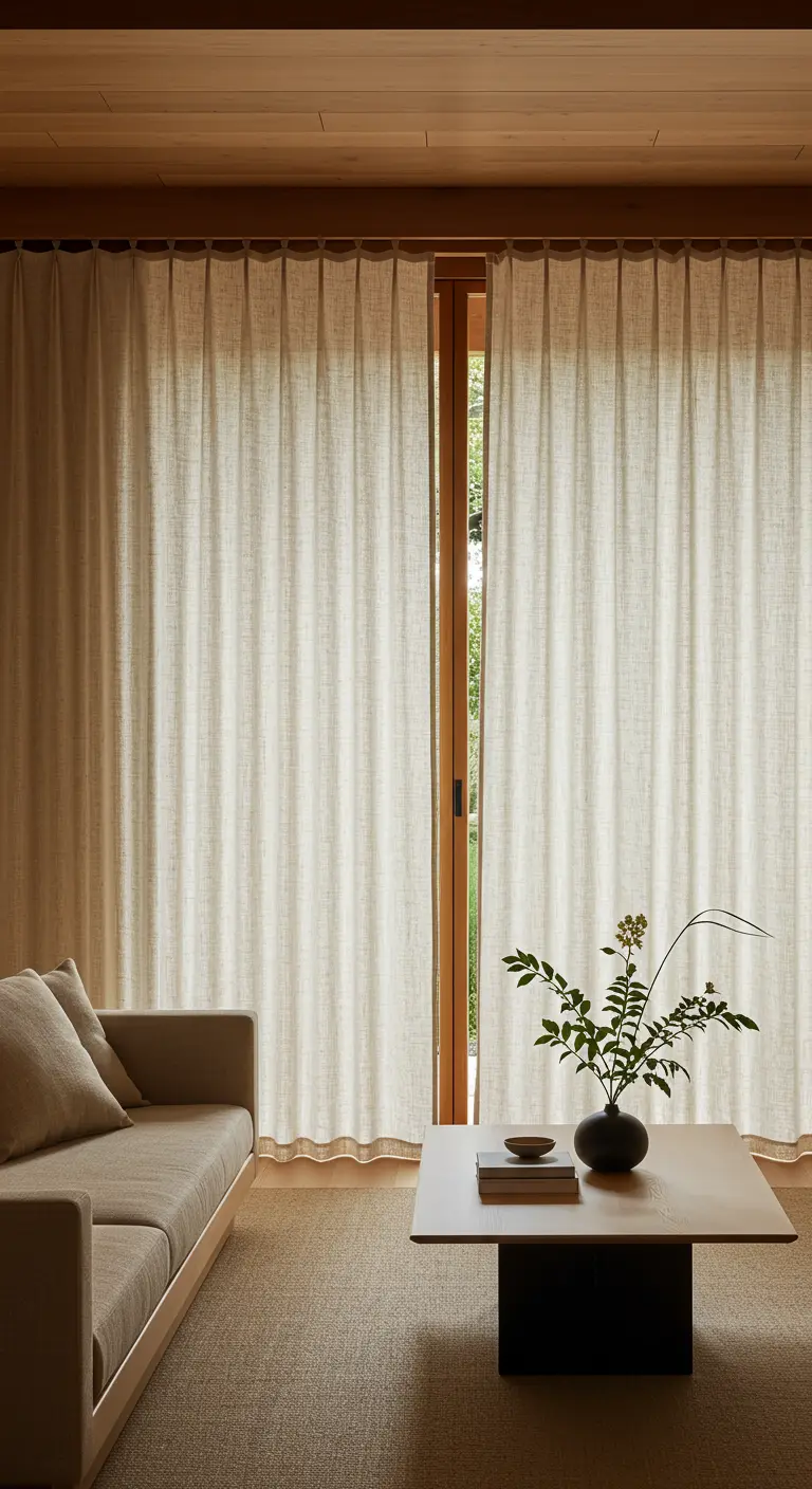 Cortinas de lino color crudo en una sala de estar de estilo Japandi con muebles bajos.