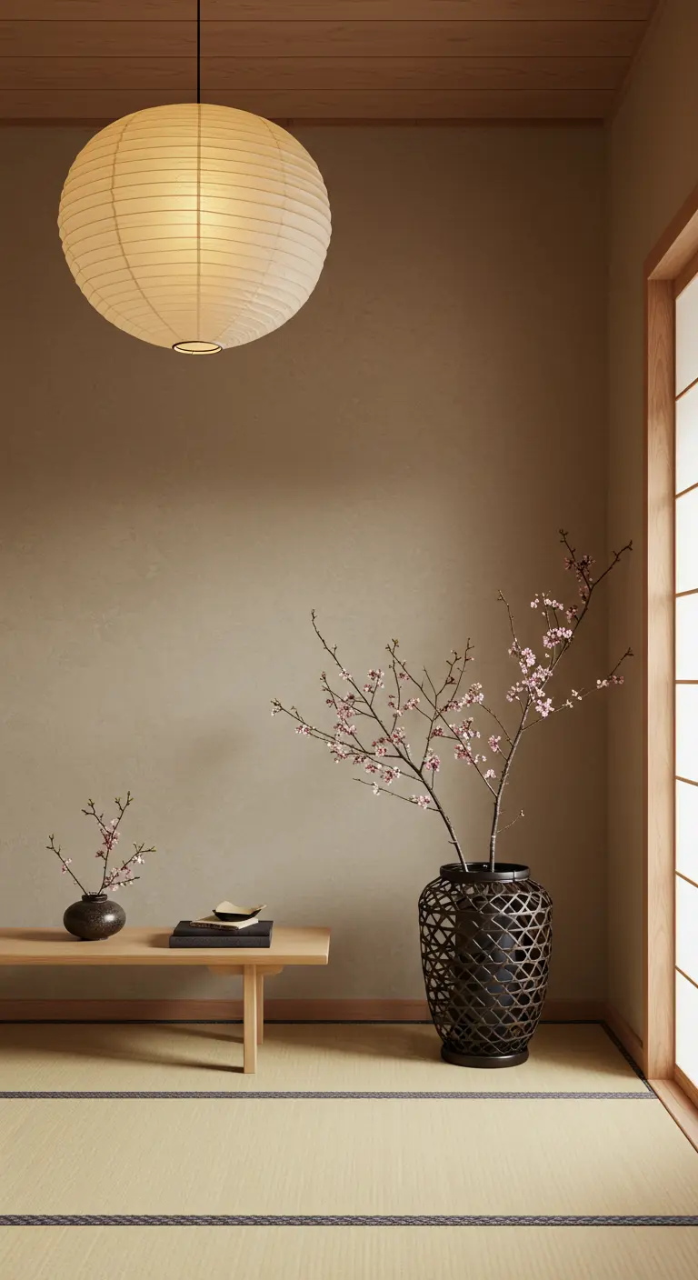Rincón de inspiración japonesa con banco bajo, cesta oscura con ramas de cerezo y lámpara de papel.