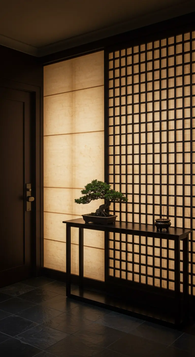 Recibidor de inspiración japonesa con paneles shoji, una consola negra y un bonsái