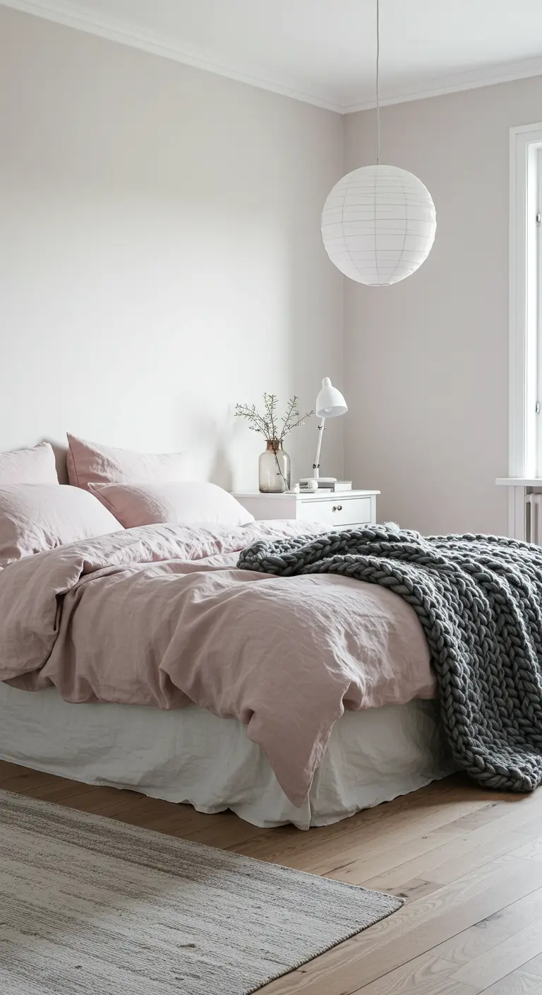 Dormitorio minimalista escandinavo con ropa de cama de lino rosa y manta de punto grueso gris.
