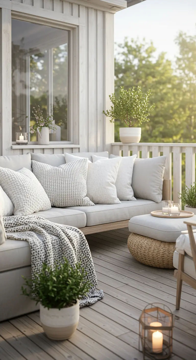 Balcón de estilo escandinavo con sofá de madera clara, cojines grises y blancos de diferentes texturas.