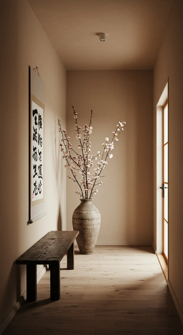 Entrada de inspiración japonesa con un banco de madera oscura, un jarrón grande y caligrafía en la pared.