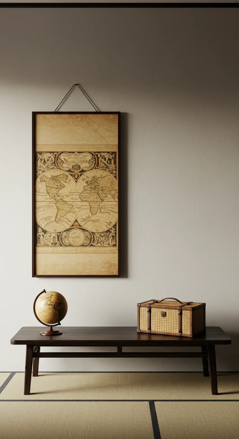 Recibidor minimalista de estilo japonés con un banco bajo y un mapa en formato pergamino.