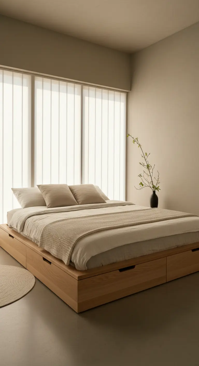 Cama de plataforma baja de madera estilo japonés con cajones integrados sin tiradores.