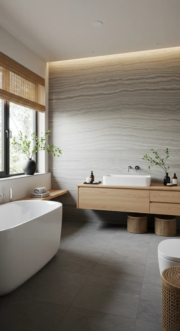 Baño estilo Japandi con pared de mármol gris veteado, mueble de madera y cestas de mimbre.