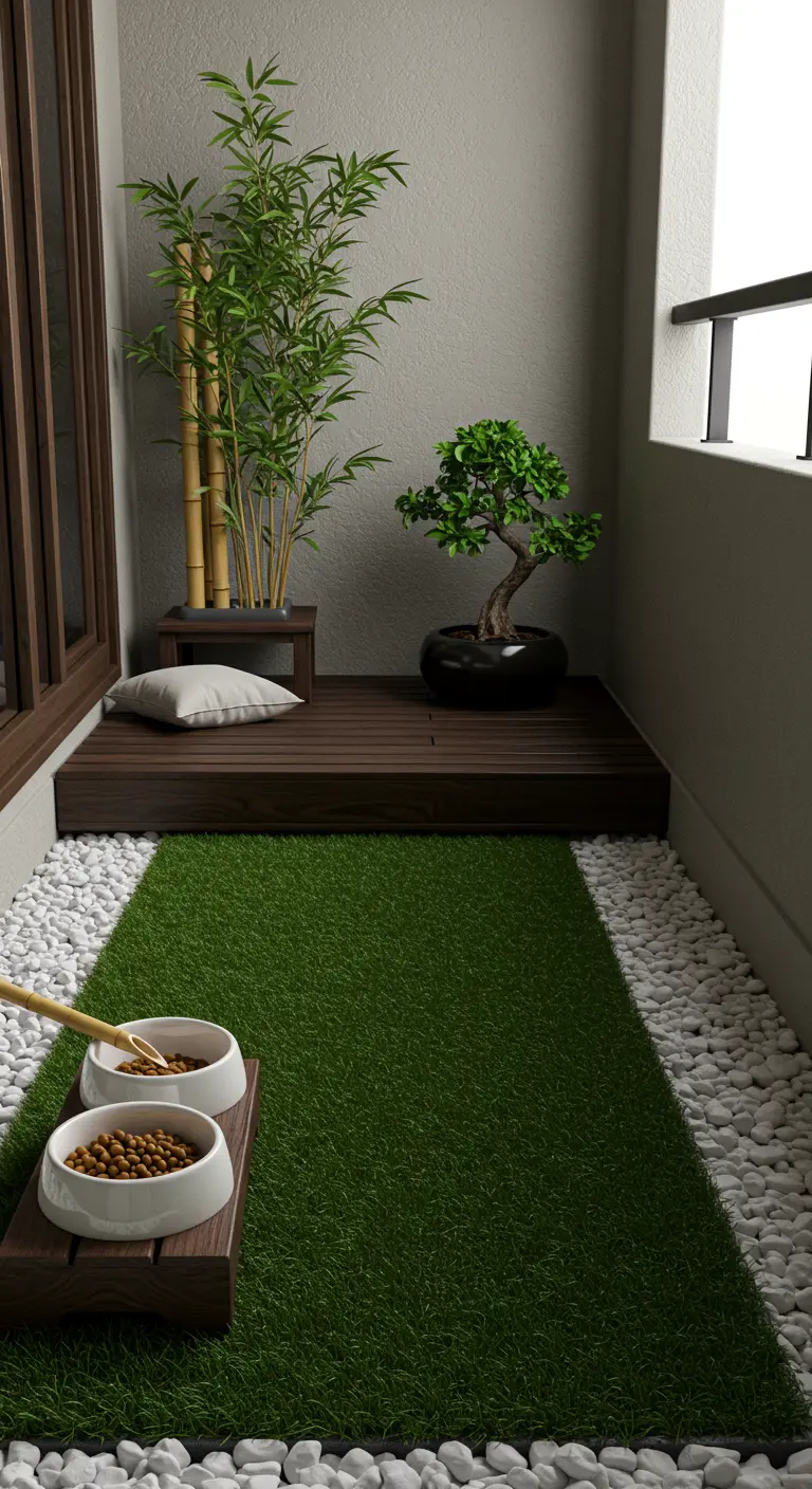 Balcón minimalista estilo zen con césped artificial, tarima de madera y piedras blancas