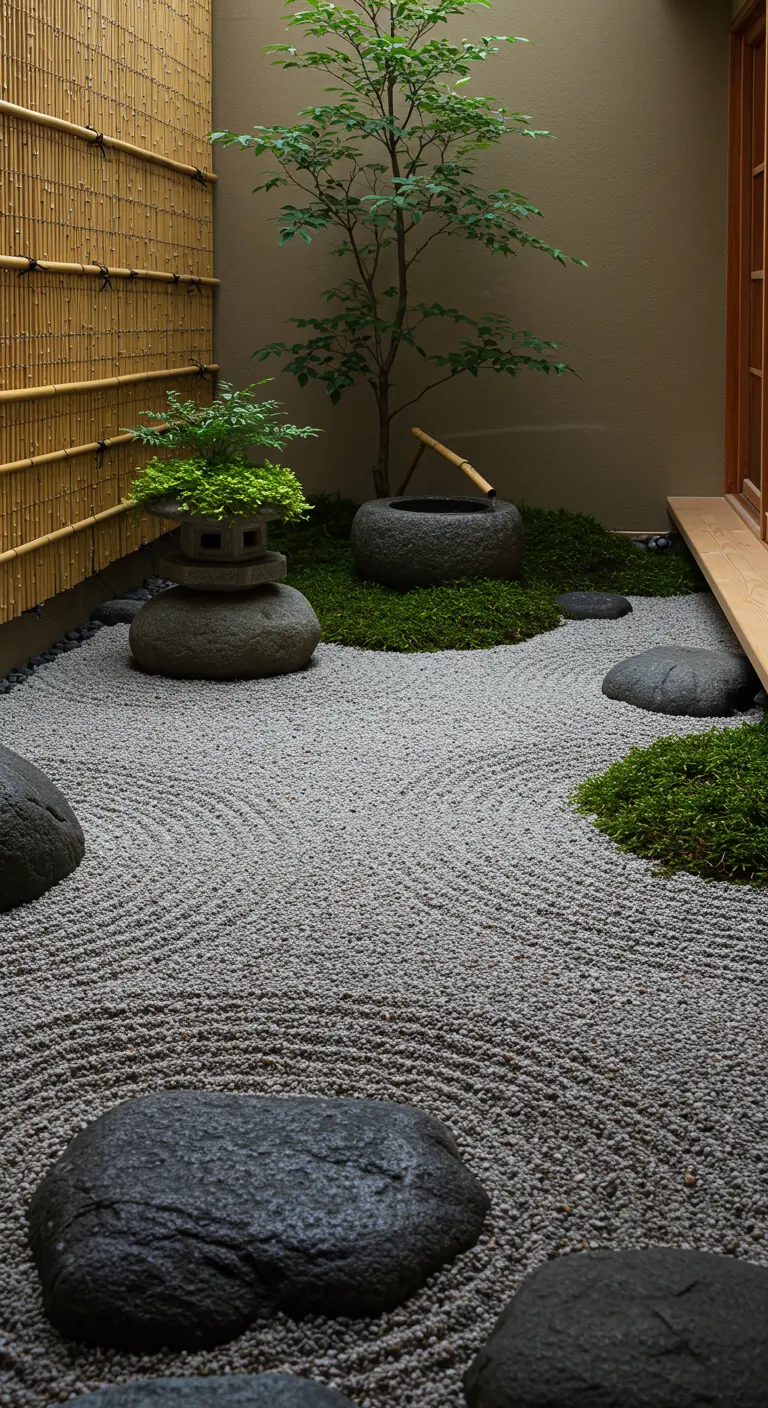 Jardín de estilo zen con grava rastrillada, rocas con musgo y una pequeña planta en maceta de piedra.