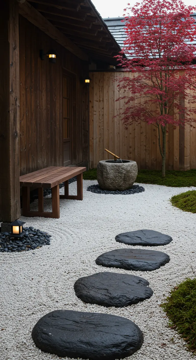 Jardín zen con grava blanca rastrillada, piedras de paso, un banco de madera y un arce japonés.
