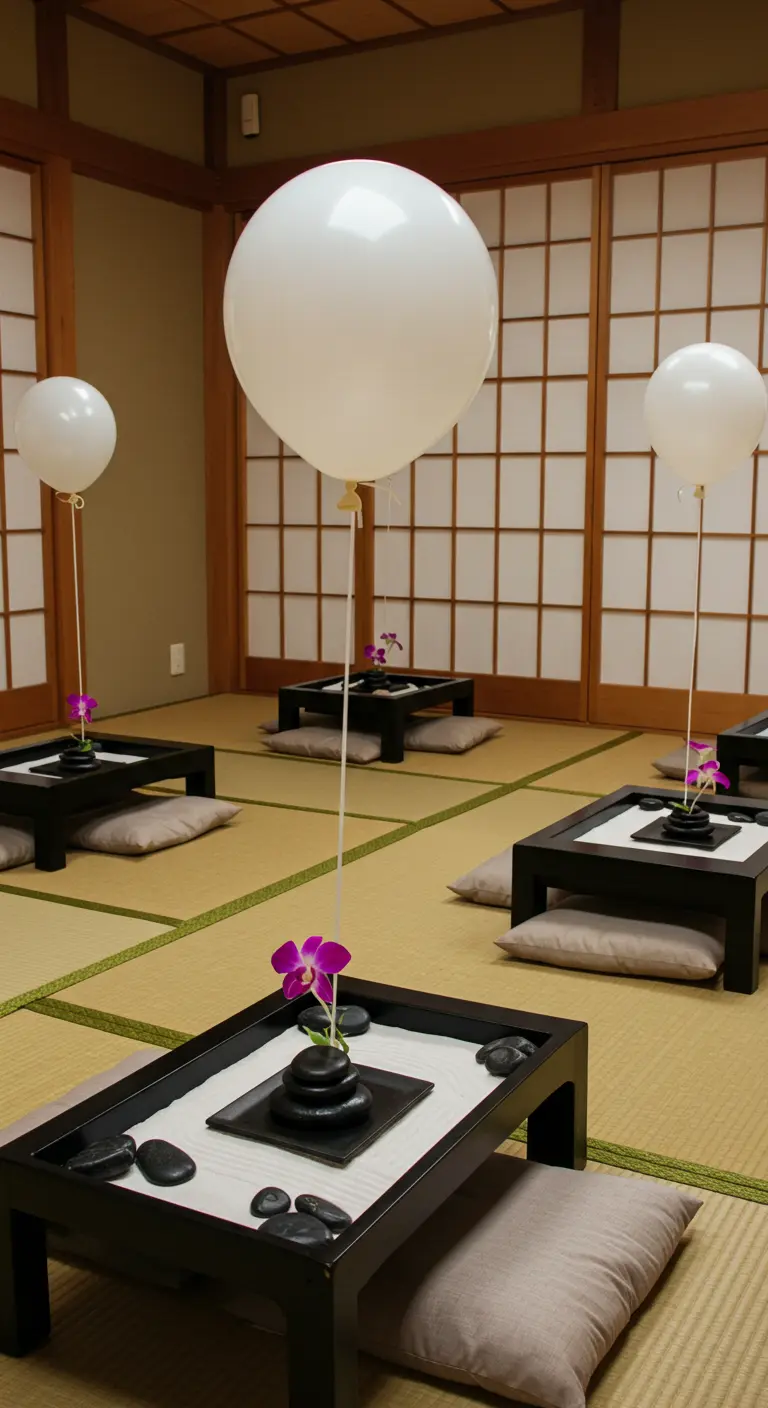 Globos blancos flotando sobre centros de mesa de jardín zen con una orquídea.