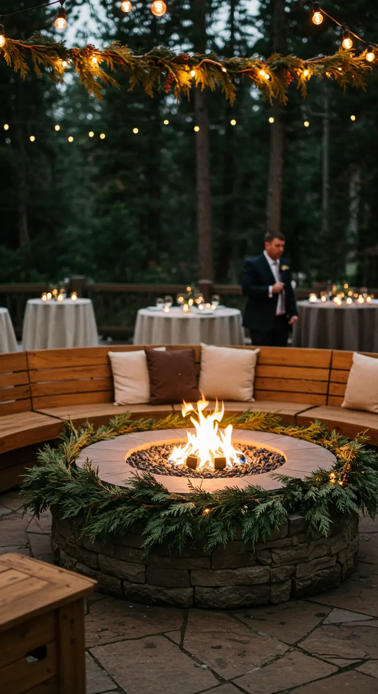 Brasero de piedra rodeado por un banco de madera y decorado con una guirnalda de pino.