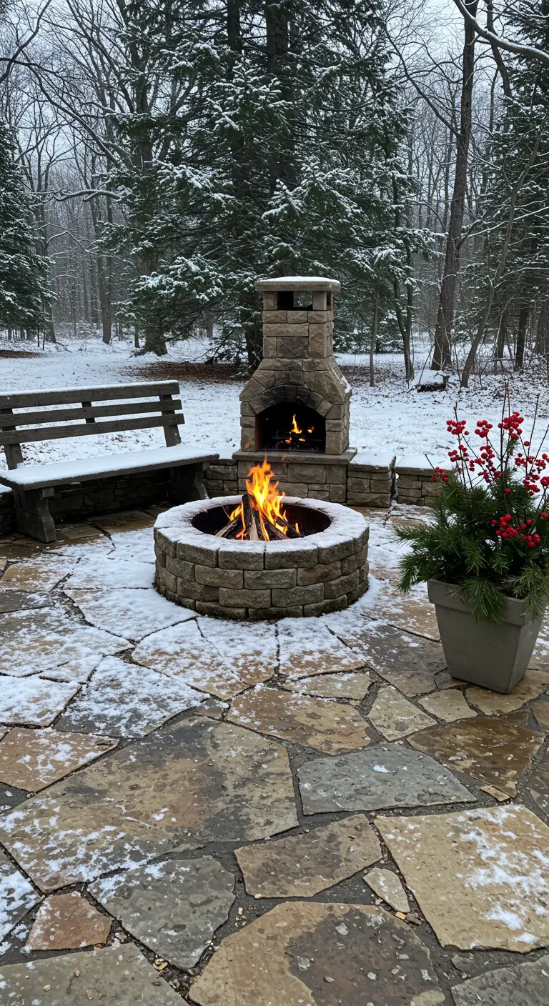 Patio nevado con hoguera y chimenea de piedra encendidas, y un banco de madera.