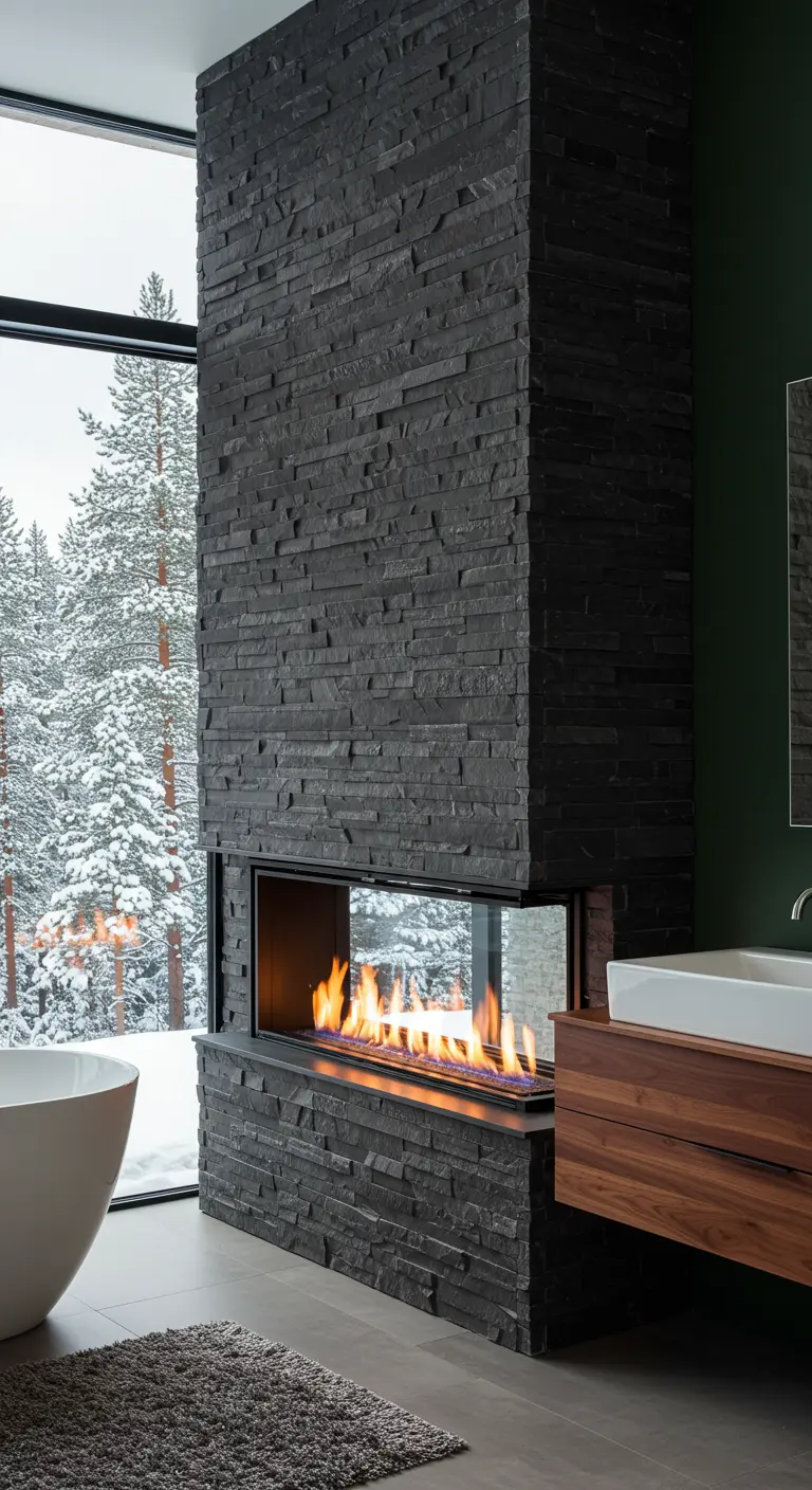 Baño de lujo con chimenea de piedra, gran ventanal a un bosque nevado y bañera.