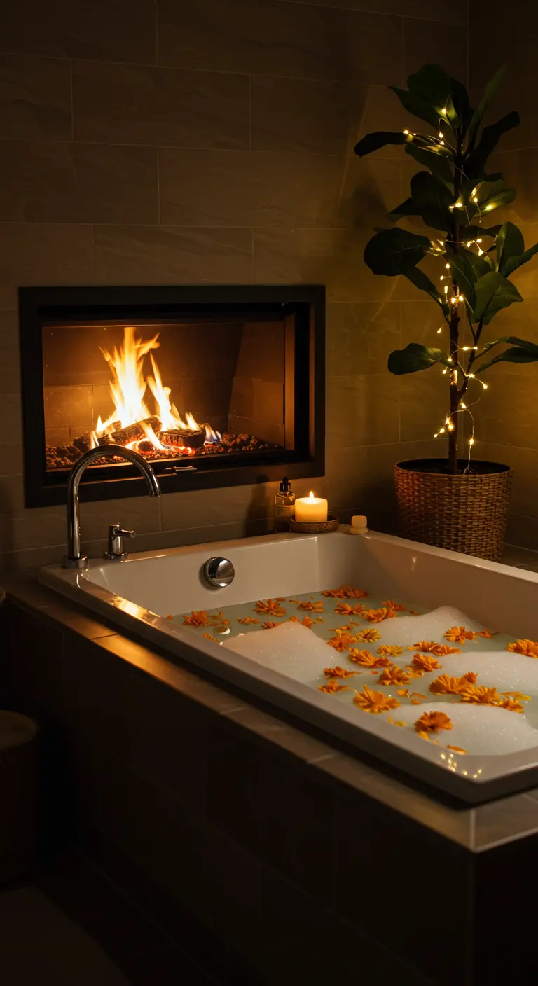 Bañera junto a una chimenea encendida, con pétalos naranjas flotando en el agua.