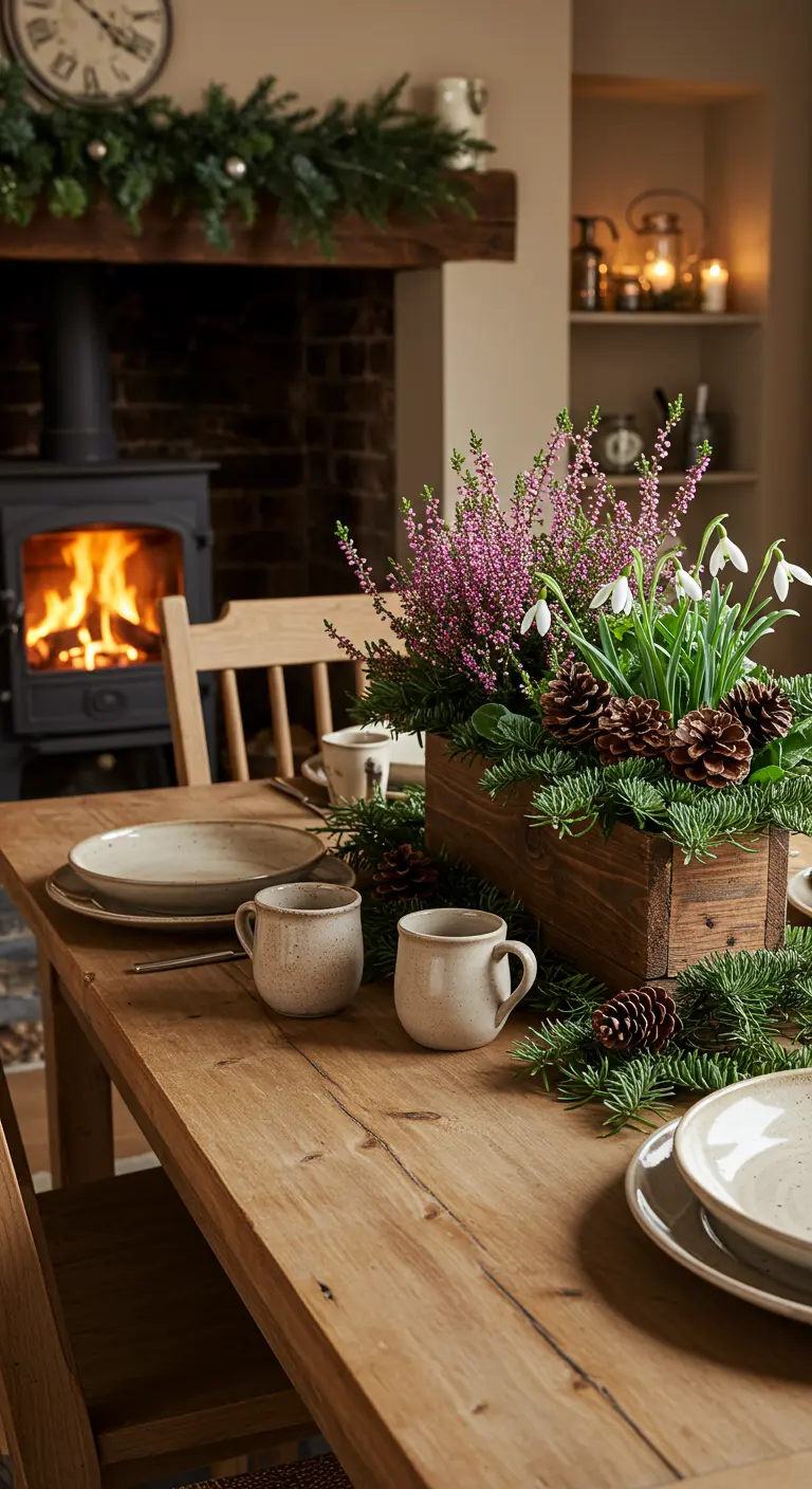 Primer plano de una mesa de comedor rústica con un centro de mesa invernal y una chimenea al fondo