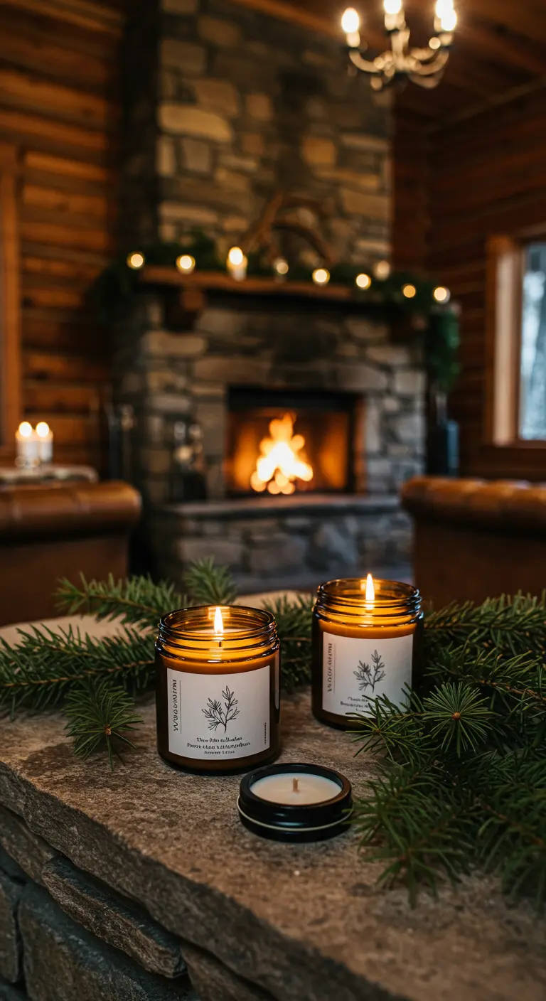 Velas aromáticas en frascos de vidrio ámbar frente a una chimenea.