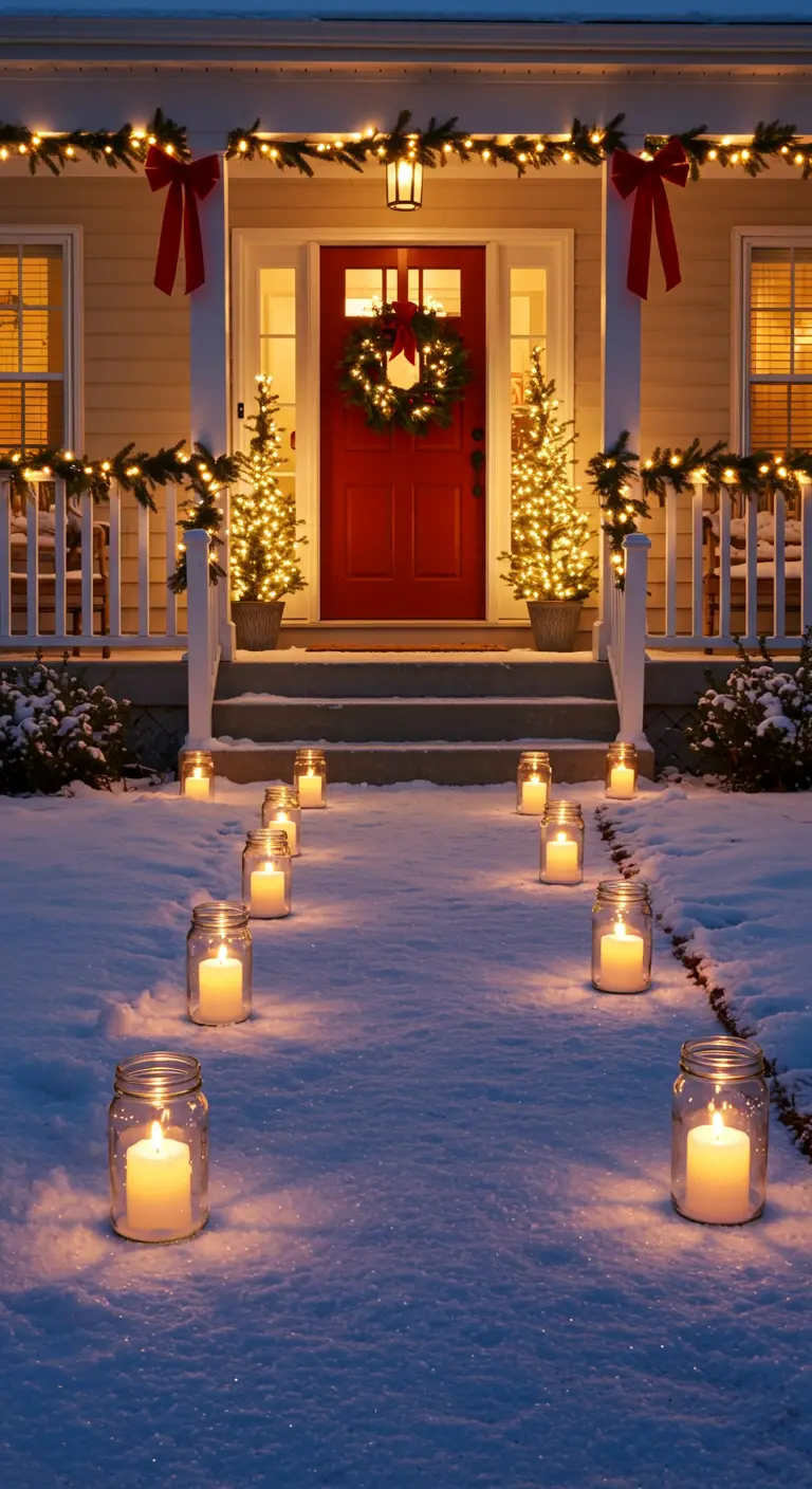 Camino nevado hacia una casa decorada de Navidad, flanqueado por velas en frascos.