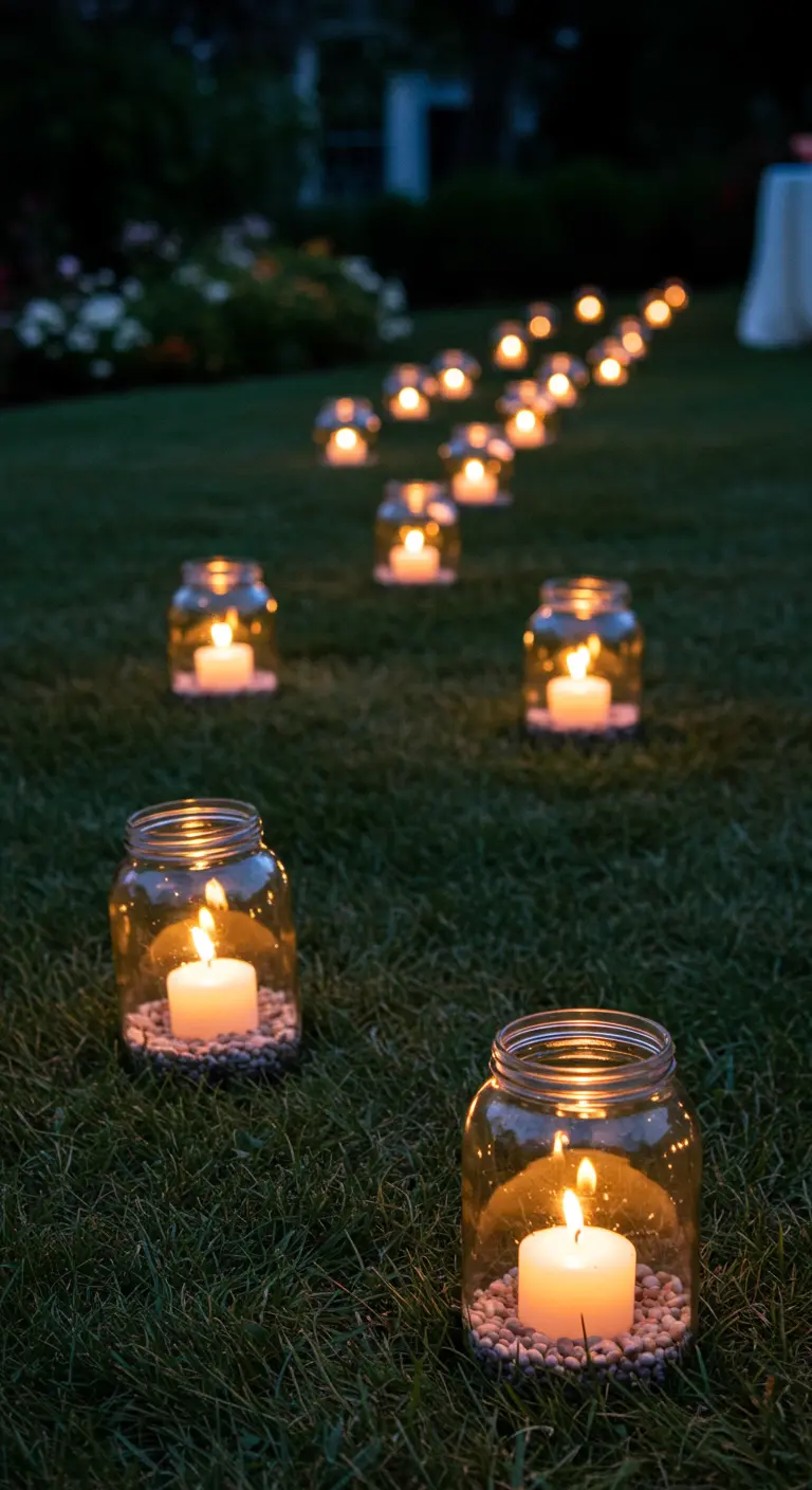 Frascos de vidrio con velas en su interior, colocados sobre el césped para iluminar un camino de noche.