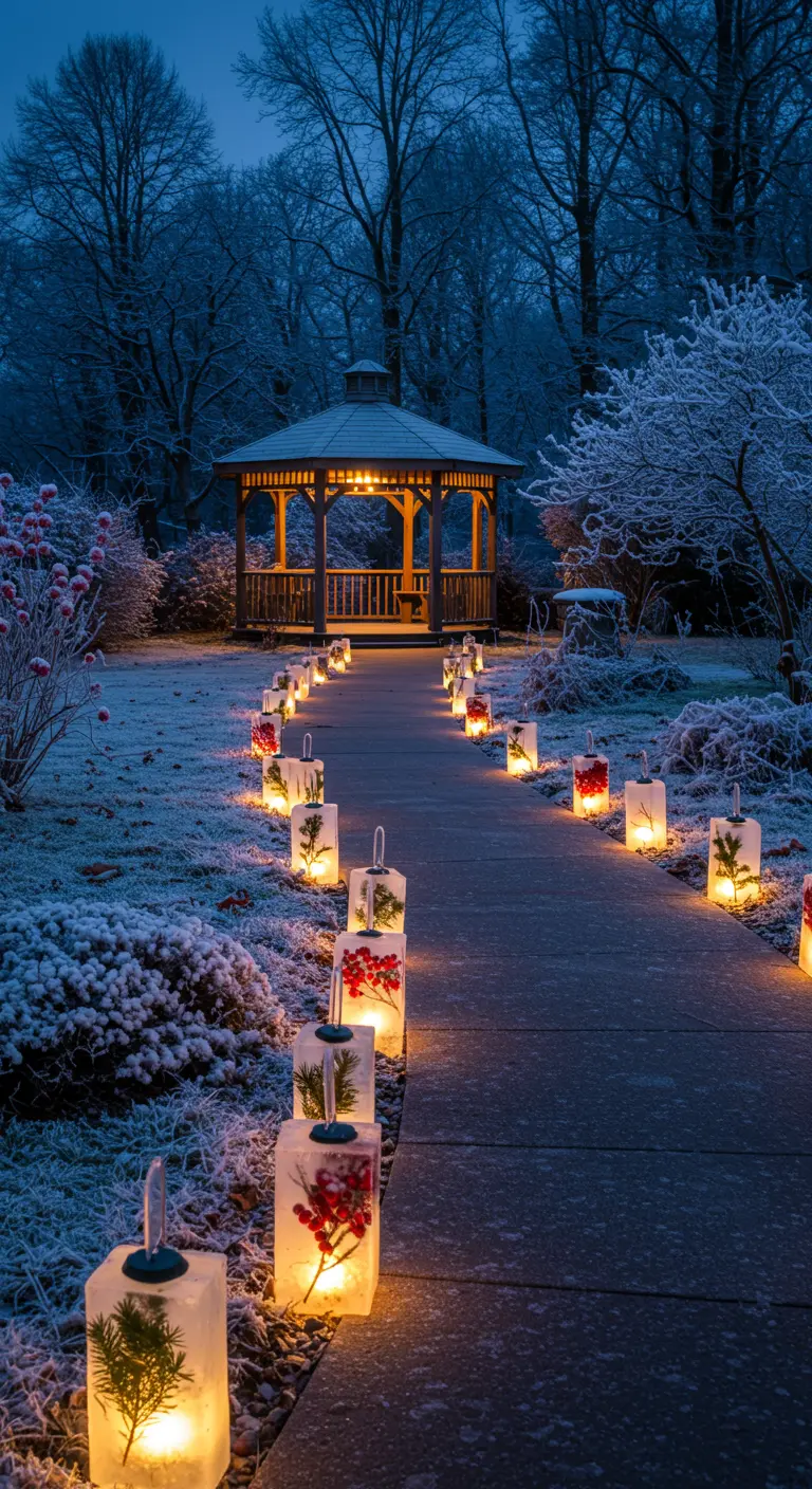 Sendero nevado iluminado por linternas hechas de bloques de hielo con bayas y ramas dentro.