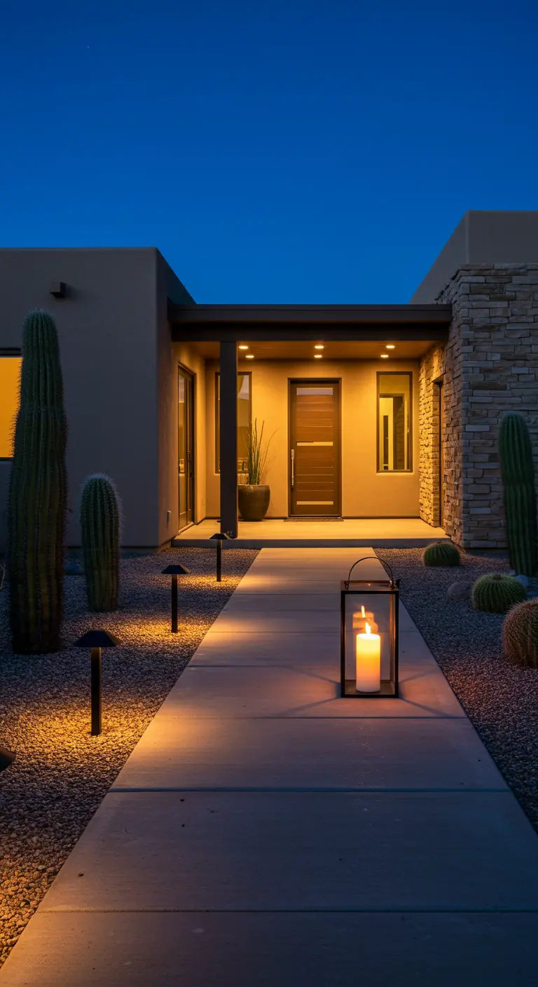 Entrada de una casa moderna en el desierto con luces de camino y un farol solitario.