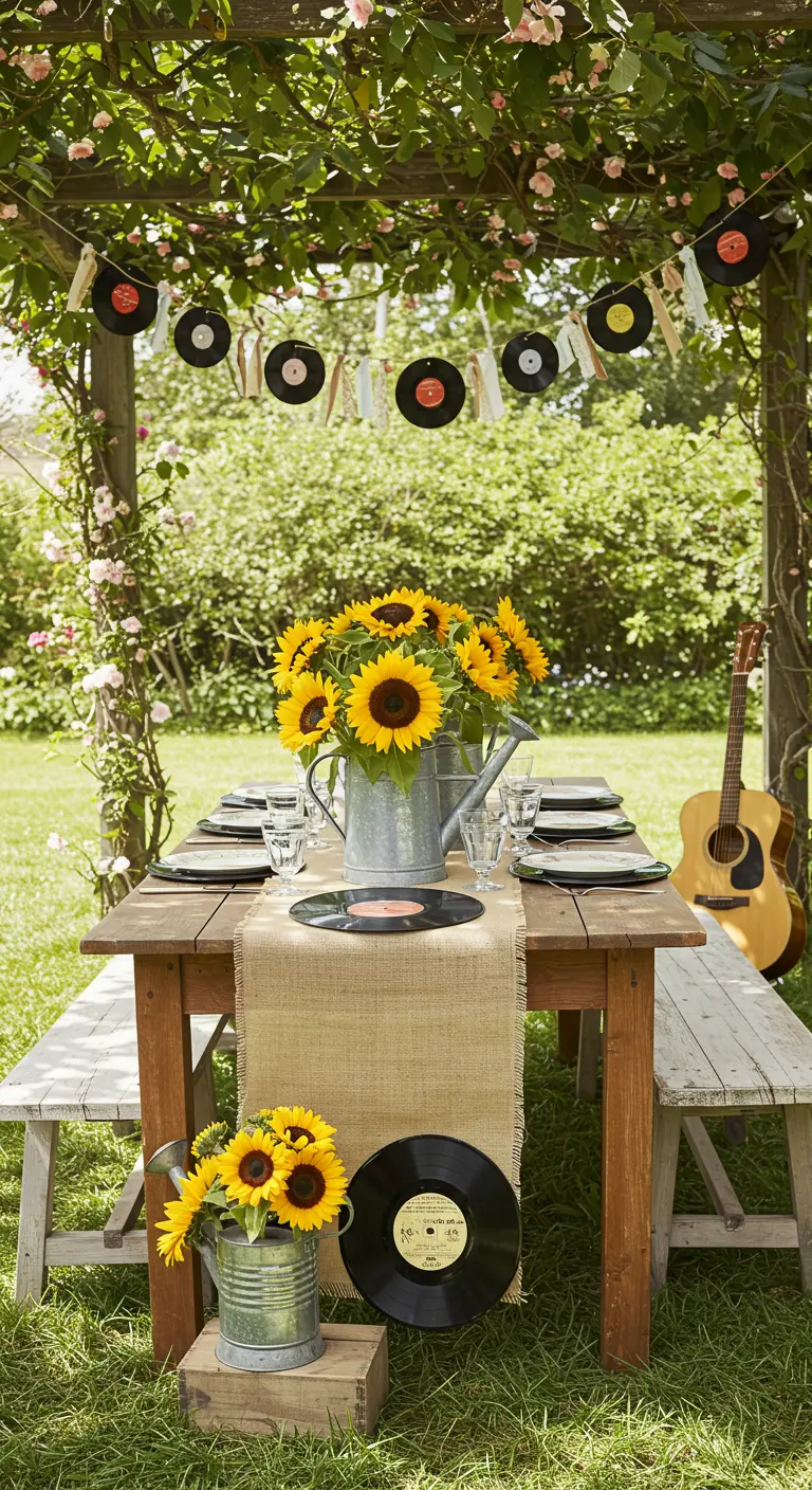 Mesa de jardín con un camino de arpillera, girasoles y discos de vinilo como decoración.