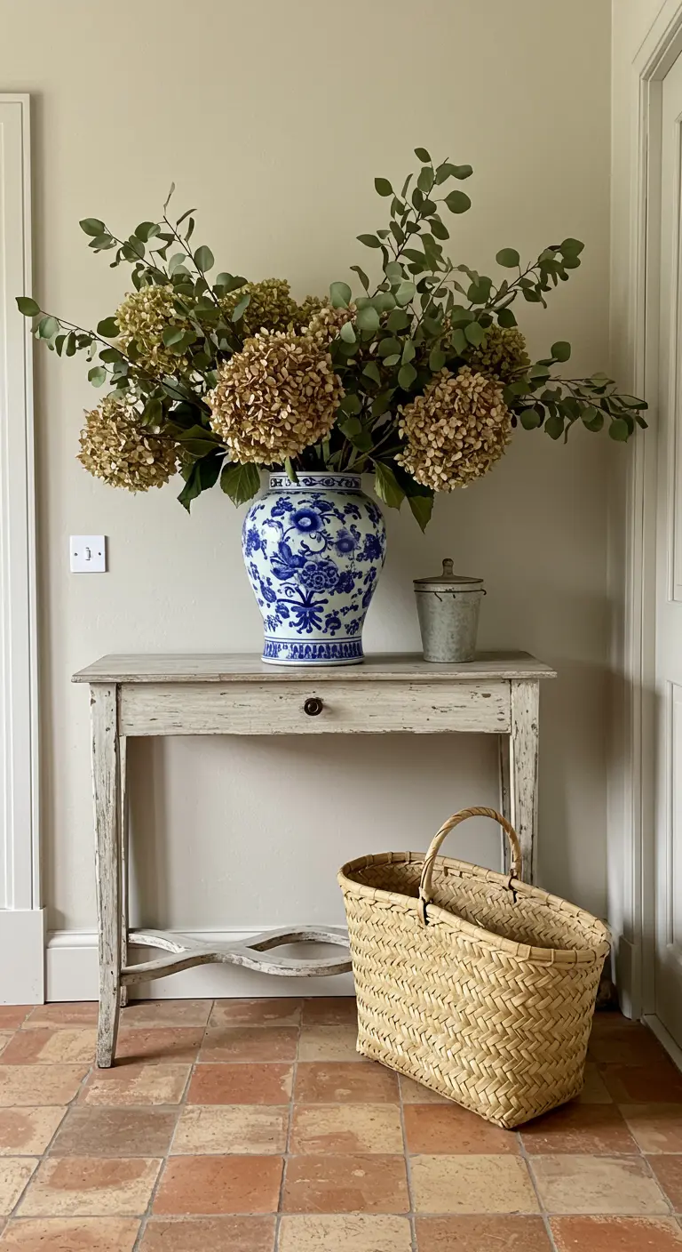 Entrada de estilo campiña francesa con mesa decapada, jarrón de porcelana y cesta de mercado.