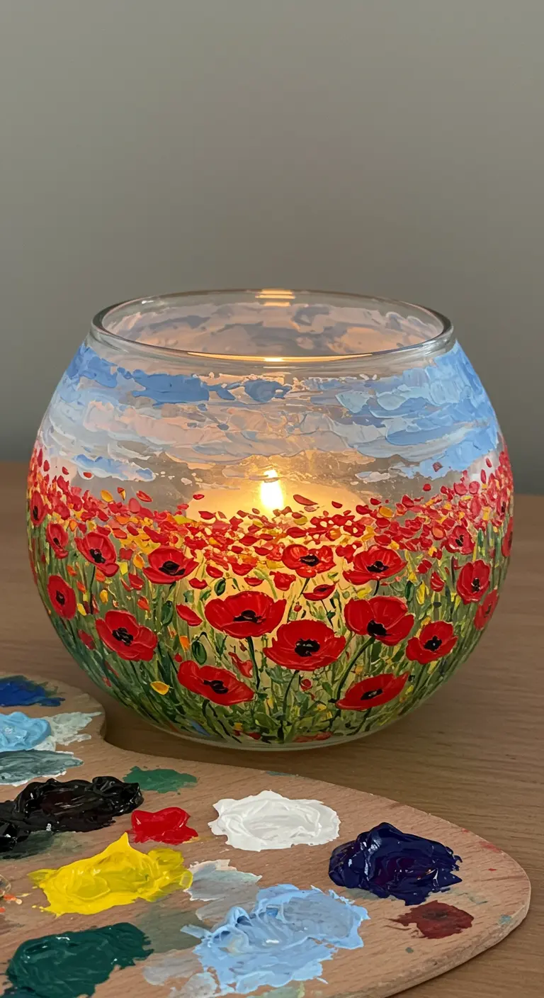 Portavelas de cristal redondo pintado con un campo de amapolas rojas bajo un cielo azul.