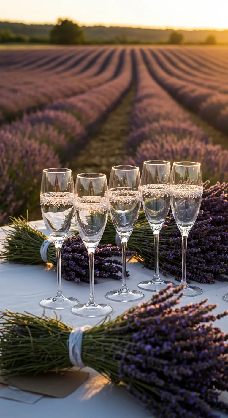 Copas de champán con purpurina en el borde, junto a ramos de lavanda en un campo.