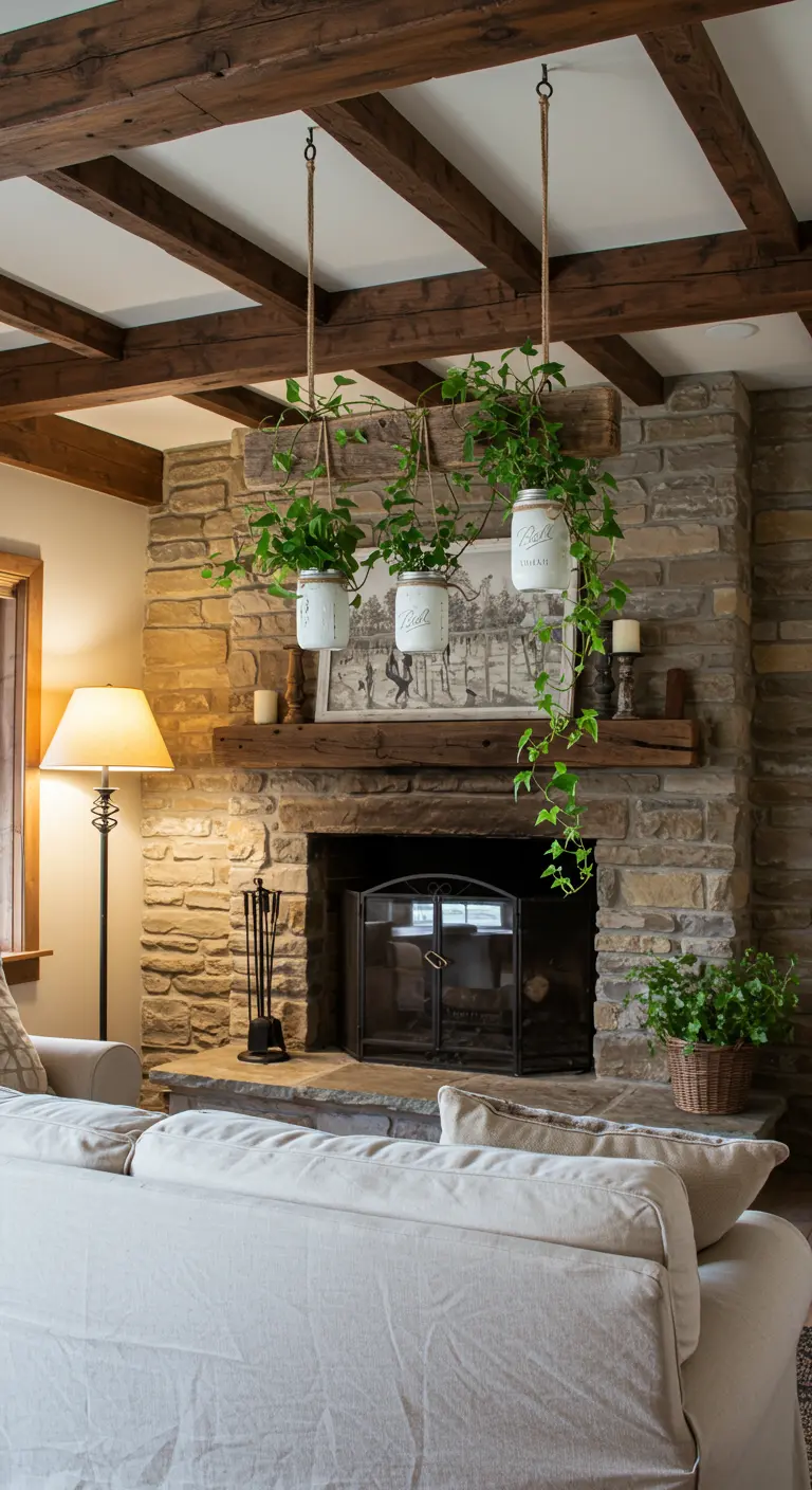 Plantas colgando de frascos de vidrio pintados de blanco sobre la repisa de una chimenea de piedra