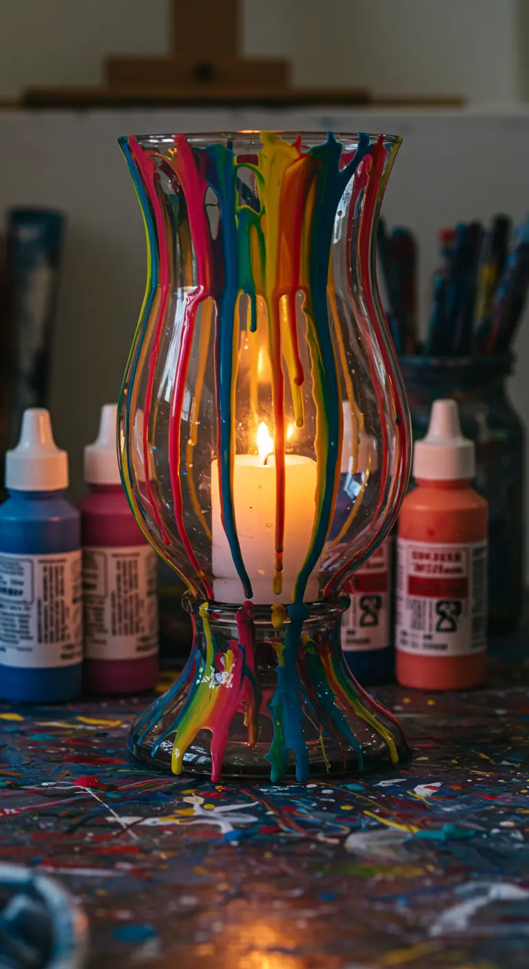 Portavelas de vidrio con forma de copa con pintura de colores vivos goteando desde el borde.