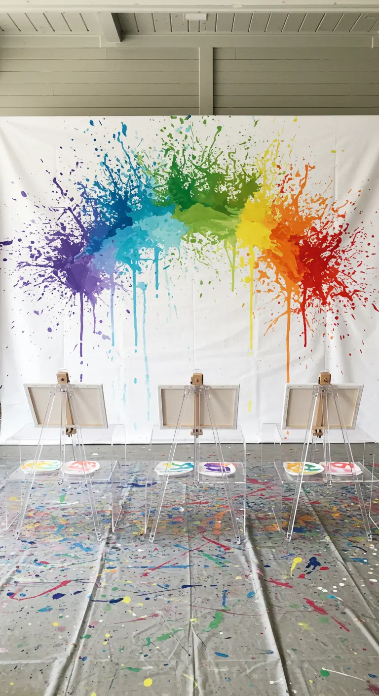 Fondo blanco con una gran salpicadura de pintura de colores del arcoíris.