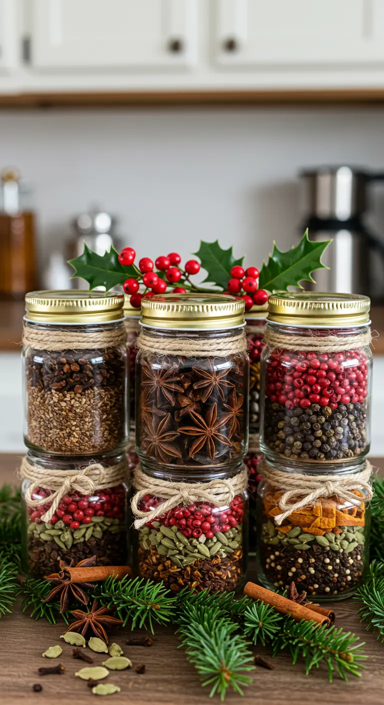 Frascos de vidrio con capas de especias de colores como anís, pimienta rosa y cardamomo.