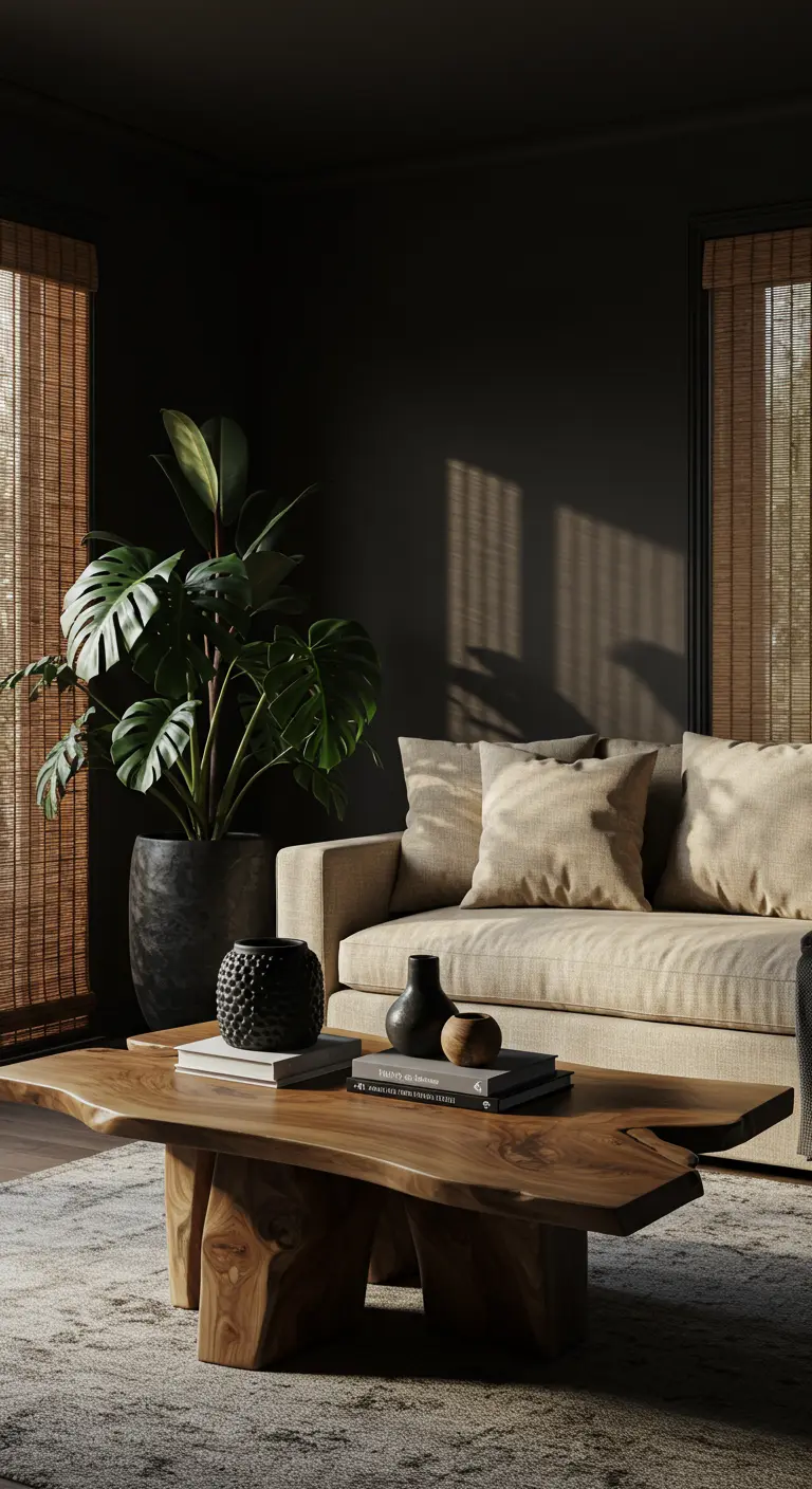 Sala de estar oscura con sofá de lino beige, mesa de centro de madera rústica y una gran planta.