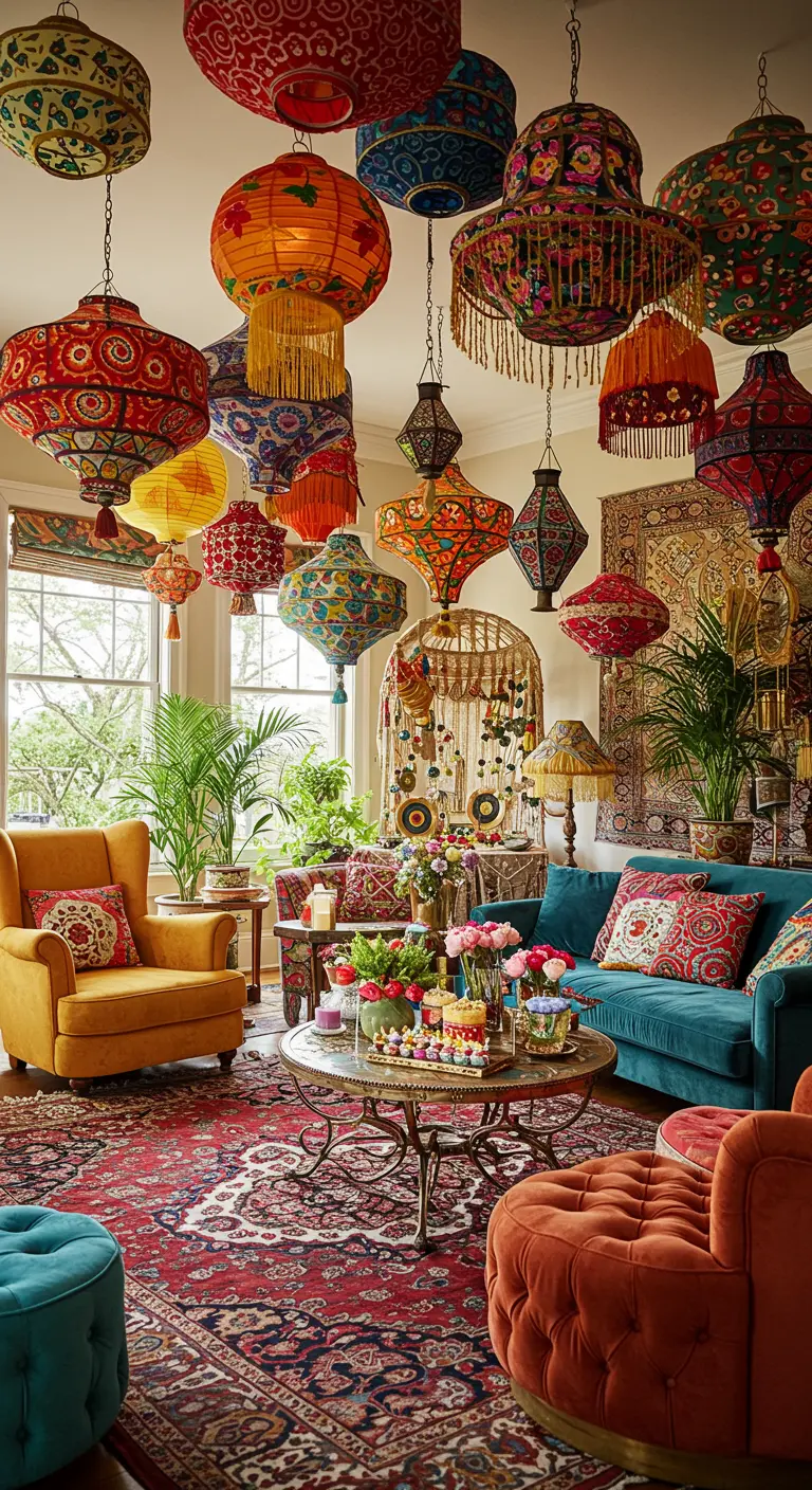 Salón boho lleno de coloridos farolillos de tela de estilo indio colgando del techo.