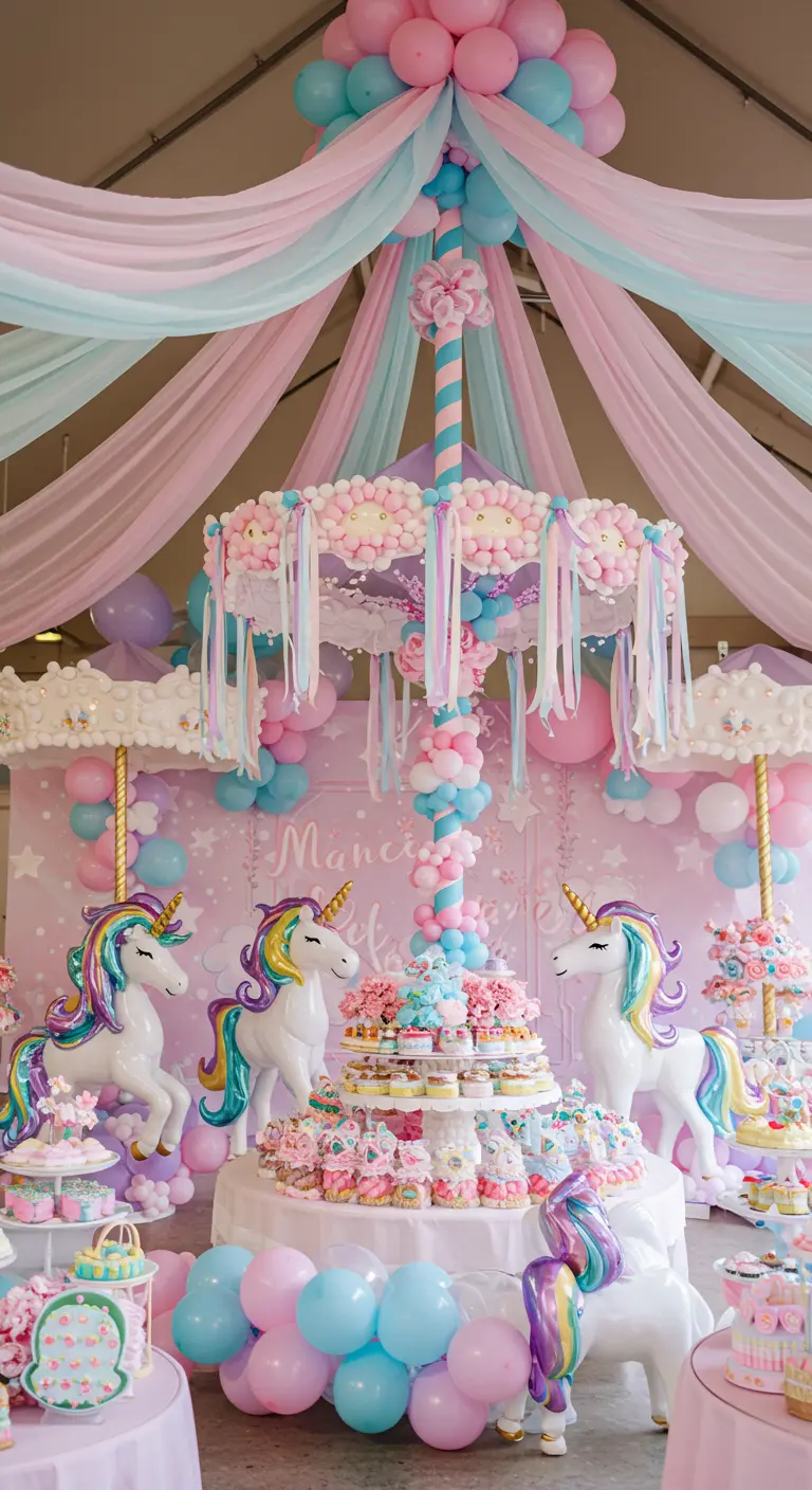 Decoración de fiesta temática de carrusel con unicornios, globos y telas pastel.