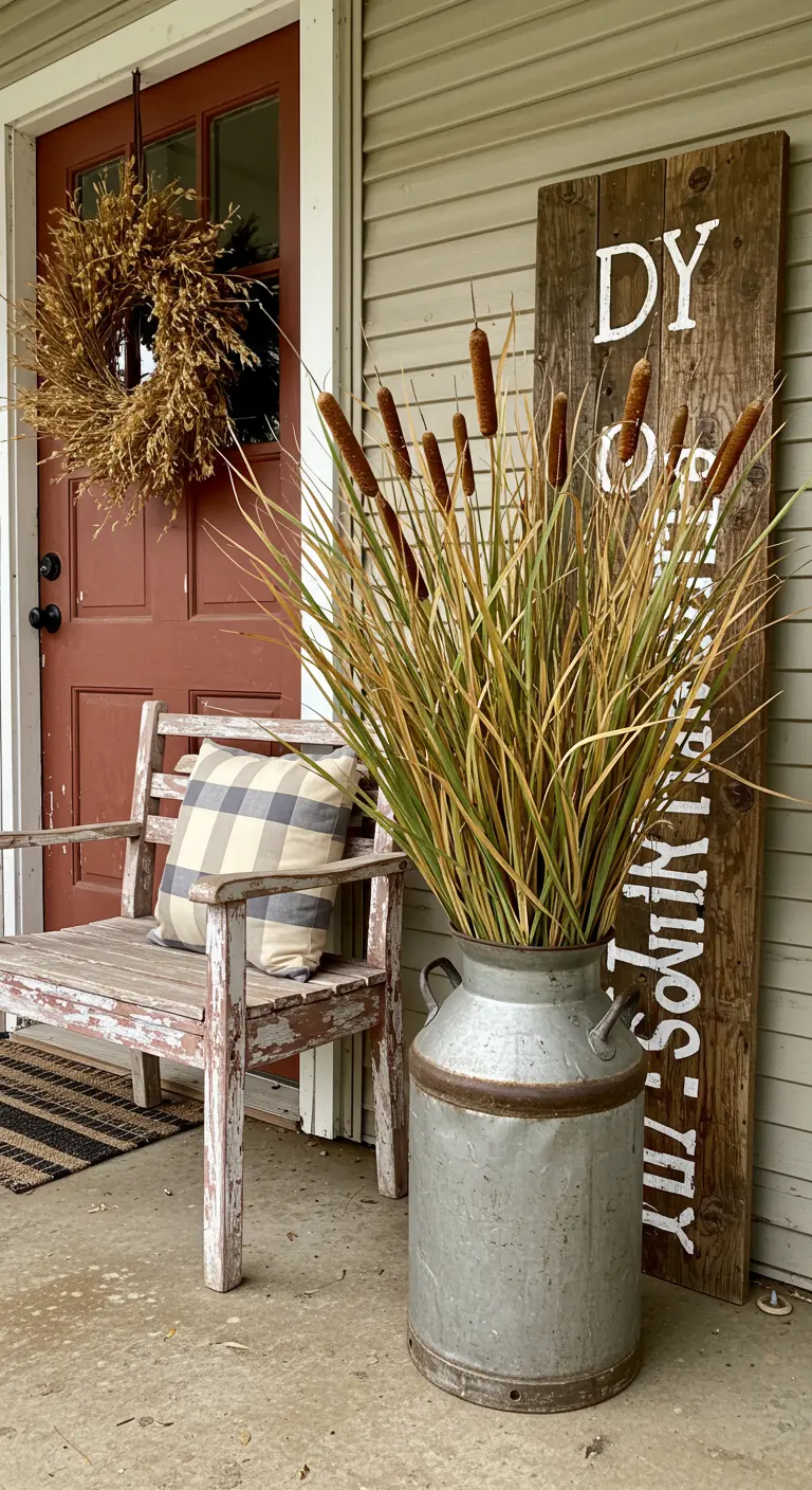 Porche rústico con un banco de madera desgastado, una lechera con juncos y un gran cartel de bienvenida DIY.