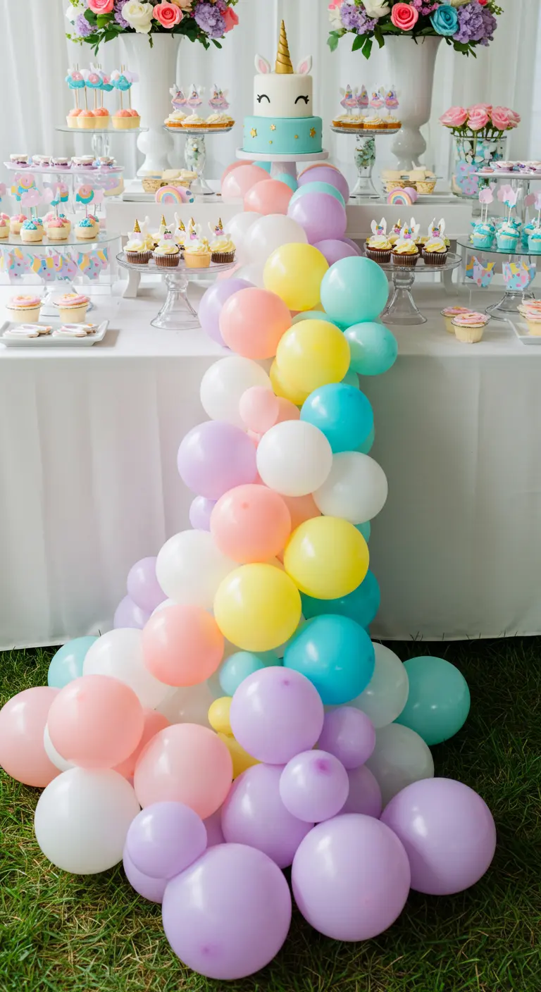 Cascada de globos de colores pastel fluye desde una mesa de postres hacia el césped.