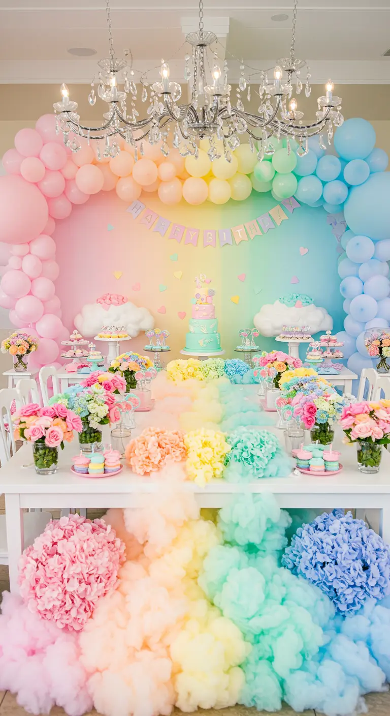 Mesa de dulces con un arco de globos pastel y un camino de hortensias de colores.